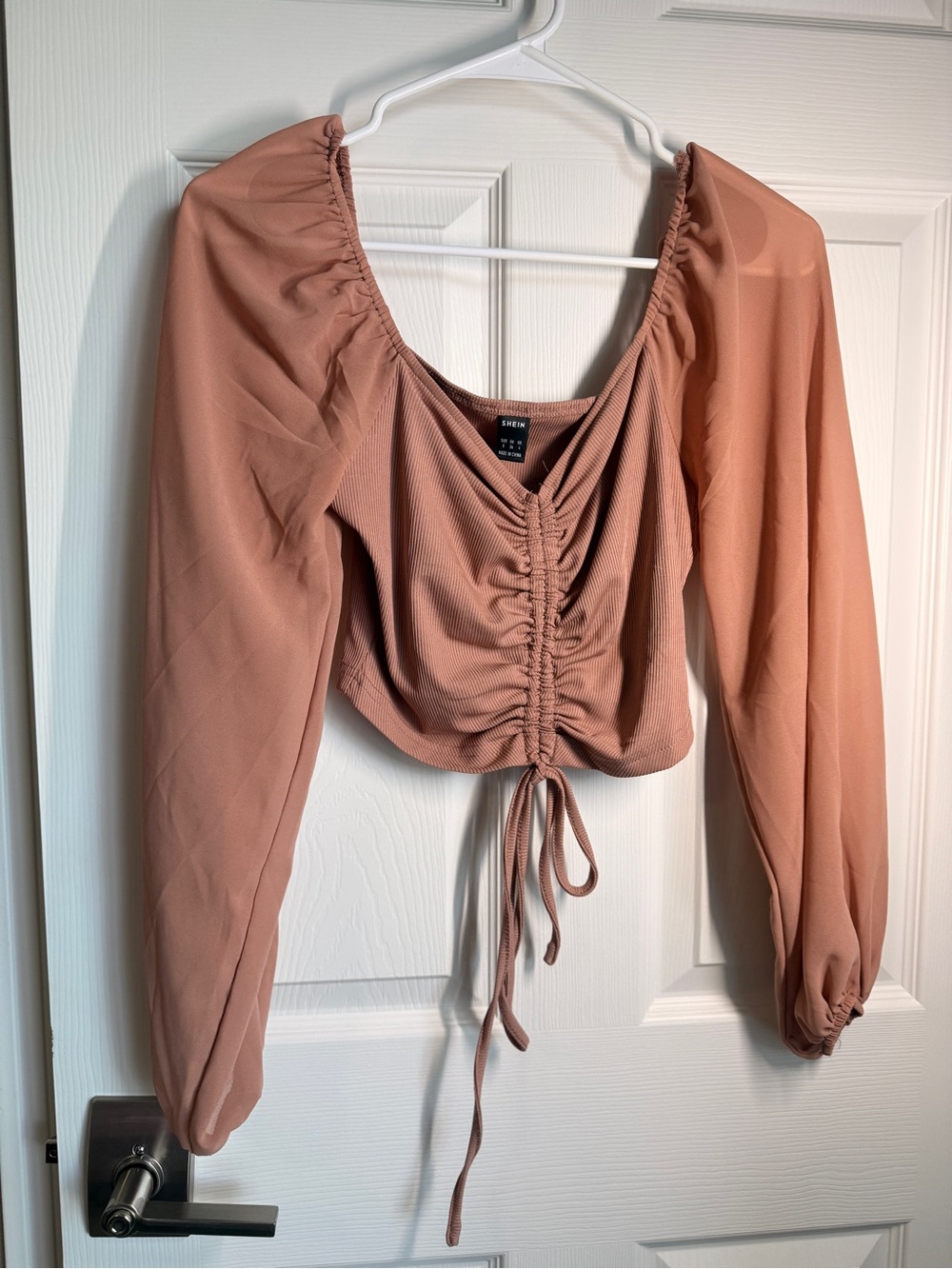 3/$15 Ruched Drawstring Long Sleeve Crop Top with sheer sleeves-tan, beige